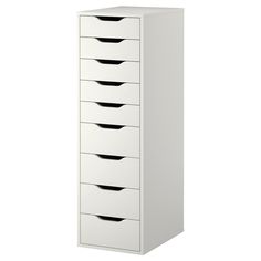 a tall white cabinet with five drawers on each side and four black bins at the bottom