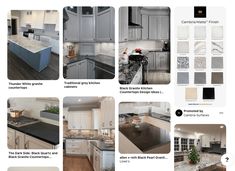 a kitchen with white cabinets and black countertops in different styles, colors and finishes