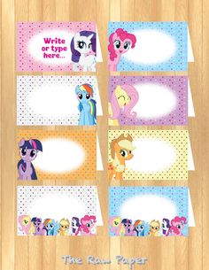 my little pony party place cards with the name of each ponies on one side