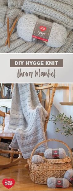 knitted items on the floor with text overlay that reads diy hygge knit throw blanket