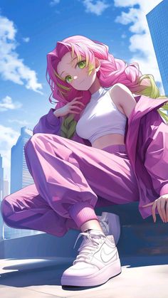 a woman with pink hair and green eyes sitting on the ground