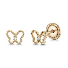 EXQUISITE PETITE BUTTERFLY DESIGN - Delicate yet captivating, these 14k yellow gold filigree butterfly stud earrings boast a genuine diamond center, adding a touch of elegance to any ensemble. Featuring a secure covered screwback closure for peace of mind. FINE QUALITY AND AUTHENTIC - Made of solid gold, 100% 14k gold NOT plated; Nickel free; Stamped to authenticate the gold's fineness; Includes Certificate of Authenticity for full appreciation of the gift's true value GIFT READY PRESENTATION - Gold Belly Ring, Butterfly Earring, Butterfly Stud Earrings, Conch Earring, Butterfly Earrings Stud, Gold Filigree, Butterfly Earrings, Screw Back Earrings, Butterfly Design