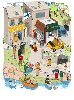 an illustrated drawing of people on the street in front of a mcdonald's restaurant