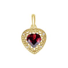 A Heart-Shaped Garnet and Diamond Filigree Charm Pendant Necklace is a stunning piece of jewelry that combines the rich, deep red hue of garnet with the dazzling sparkle of diamonds. The filigree design adds an element of intricate beauty, making this pendant a perfect gift for a loved one or a cherished addition to your own jewelry collection. Product Information • Metal: 10k or 14k in Yellow/Rose/White Gold• Weight: 10k - 1.3 g. | 14k - 1.4 g. • Dimensions: 0.7" inches x 0.5" inches • Center Stone: Genuine Garnet, Heart-Shaped, 7 x 7 mm, 1.2 cts (approx.) • Side Stones: Diamond, Round-Shaped, 1 mm, 0.20 cts (approx.)• Chain: Rolo Chain with Spring Ring Clasp - 1 g. SKU: QM1759 Elegant Ruby Heart Cut Jewelry, Elegant Heart Cut Ruby Jewelry, Elegant Filigree Jewelry For Valentine's Day, Fine Jewelry Yellow Gold Garnet Necklaces, Elegant Red Heart Pendant Jewelry, Elegant Yellow Gold Garnet Necklace, Valentine's Day Yellow Gold Ruby Jewelry, Elegant Ruby Necklace With Heart Charm, Elegant Heart Cut Ruby Necklaces