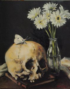 a painting of a skull and flowers in a vase