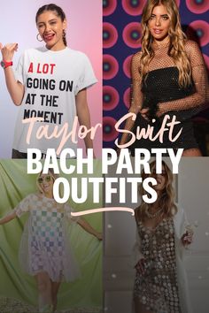 two women in different outfits and the words bachelor party outfits on them are overlaid