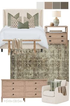 Primary bedroom decor mood board with cream and sage green colors! Cream upholstered bed with beige furniture accents Bedroom Ideas Sage, Bedroom Decor Sage Green, Bedroom Ideas Sage Green, Marin Sofa, Green And Cream Bedroom, Cream Bedroom Decor, Primary Bedroom Decor, Tilly Upholstered Bed