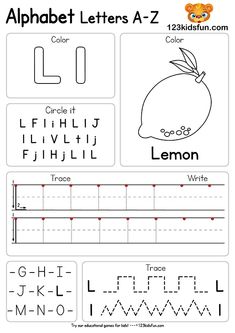 the alphabet worksheet for children to learn how to write and draw letters with pictures