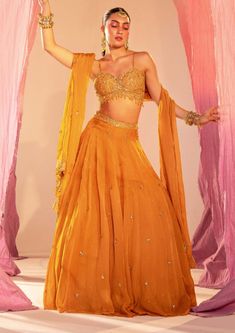 Silky Bindra-Yellow Embroidered Lehenga Set-INDIASPOPUP.COM Mehendi Event, Blouse With Lehenga, Mango Yellow, Blouse Yoke, Padded Blouse, Embroidered Lehenga, Indian Wedding Wear, Embroidered Dupatta, Dupatta Set