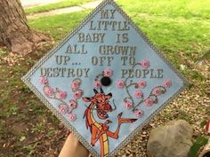 a blue graduation cap that says, my little baby is all grown up off to destroy people