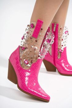 VCSHOES Transparent Big Rhinestone Boots For Women Western Boots Woman Shoes Pvc Women's Mid Calf Boots 44 as pic-35 Women's Mid Calf Boots, Crocodile Boots, Pink Booties, Crocs Boots, Studded Shorts, Boot Bling, Western Ankle Boots, Rhinestone Shoes, Western Boots Women