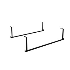 a black metal shelf with two hooks on it's sides and one is empty