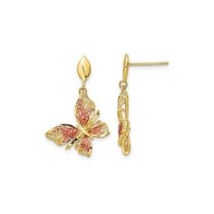 Beautifully crafted 14 karat yellow gold with pink enamel highlights is created and molded into butterflies in these simple dangle charm post earrings great for every day. These gold butterfly earrings weigh 3.20 grams. 14K Yellow Gold Butterfly Post Earrings with Pink Enamel Size: one size.  Gender: female.  Age Group: adult. Gold Butterfly Earrings, Butterfly Earrings Gold, Pink Enamel, Gold Butterfly, Butterfly Earrings, Dangle Charms, Post Earrings, Gender Female, Womens Watches