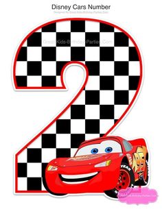 the number two is in front of a checkered background with cars and numbers on it