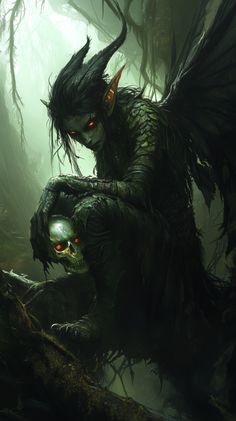 an illustration of a demon sitting on top of a tree stump in the forest with glowing eyes