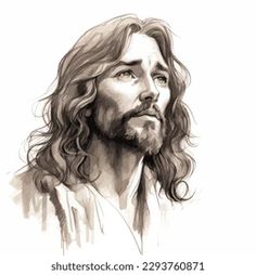 a black and white drawing of jesus with long hair looking to the side, in front of a white background