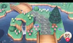 an animal crossing a bridge over a lake with sheep in the background and trees on either side