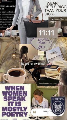 a collage of photos with women in business attire and text that reads, when women speak it's mostly poetry