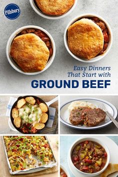 the cover of an easy dinner cookbook with pictures of different dishes in bowls and pies