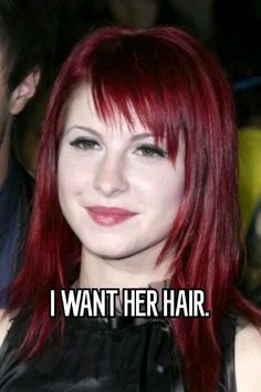 a woman with red hair and green eyes smiling at the camera, text reads i want her hair