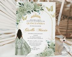 an image of a wedding card with flowers on the front and back, featuring a woman in a white dress