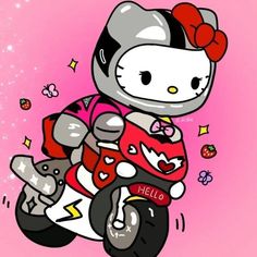 a hello kitty on a motorcycle with pink background