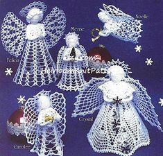 crocheted angel ornaments are displayed on a blue background with snowflakes and stars