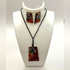 Fashion Art Necklace And Earring Set. Cloth Material With Print. Very Unique Red Pendant Necklace, Clear Crystal Necklace, Blue Pendant Necklace, Flower Statement Necklace, Swarovski Crystal Hearts, Art Necklace, Red Pendants, Art Necklaces, Gold Bead Necklace