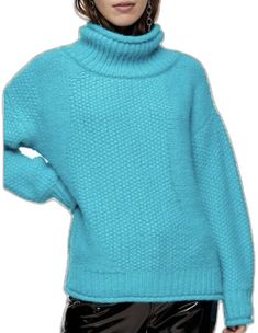 Blue Oversized Turtleneck Top, Oversized Blue Turtleneck Top, Fitted Long Sleeve Light Blue Sweater, Fitted Light Blue Long Sleeve Sweater, Trendy Light Blue Winter Sweater, Soft Knit Light Blue Winter Sweater, Light Blue Knitted Sweater For Fall, Light Blue Knitted Top For Fall, Cozy Light Blue Winter Sweater