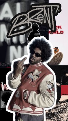 an image of a man with afro hair and sunglasses in front of a collage of posters