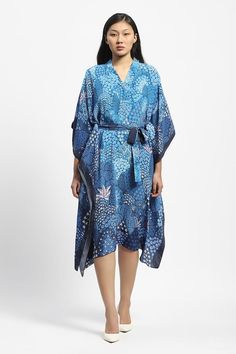 Blue navy asymmetric hem kaftan with al over miniature floral prints. Comes along with a belt. - Aza Fashions Kaftan With Belt, Kaftan Pattern, Satya Paul, Belt For Women, Three Quarter Sleeves, Quarter Sleeve, Asymmetric Hem, Aza Fashion, Belts For Women