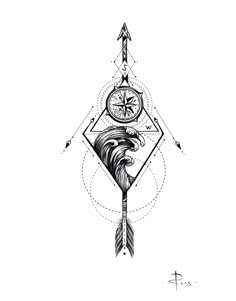 a drawing of a compass with waves and an arrow