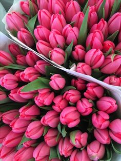 a bouquet of pink tulips with green leaves in the middle is shown from above