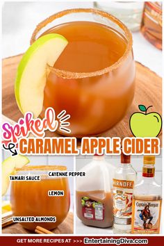 an advertisement for caramel apple cider with apples and cinnamons in the background