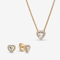 Elevated Hearts of Gold Necklace and Earring Set Pandora Gold Earrings, Cute Earrings Aesthetic Gold, Pandora Gold Jewelry, Gold Pandora Necklace, Pandora Necklace Gold, Gold Necklace And Earrings Set, Jewellery Gold Necklace, Necklace And Earring Sets, Pandora Jewelry Necklace