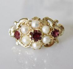 Vintage 9ct Gold Pearl and Garnet Cluster Ring Enchanting Rings, Multi Stone Ring, Red Garnet, Multi Stone, Gold Pearl, Cluster Ring, Stone Rings, Garnet, Gemstone Rings