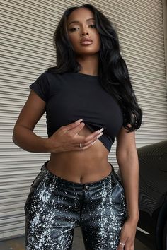 Available In Black, Sexy Ruby, Dark Olive, Heather Grey, Magenta, Mustard, Olive, Dark Red, White, And Wine Crew Neck Short Sleeve Crop Top 95% Cotton 5% Spandex Imported | Robin Crop Top in Black size XS by Fashion Nova Black Ponytail Hairstyles, Classy Outfits For Women, Tiktok Outfits, Short Sleeve Crop Top, White Dresses For Women, Loungewear Women, Short Sleeve Cropped Top, Womens Loungewear, Rompers Women