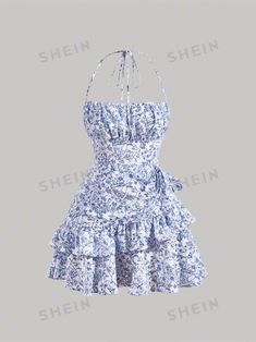 Free Returns ✓ Free Shipping✓. SHEIN MOD Floral Print Ruffle Trim Tie Backless Ruched Bust Layered Halter Summer Short Dress- Women Mini Dresses at SHEIN. Short Sundress, Blue Flower Dress, Floral Halter Dress, Cute Dress Outfits, Casual Outfit Inspiration, Looks Party, Short Summer Dresses, Mini Cami Dress, White Floral Dress