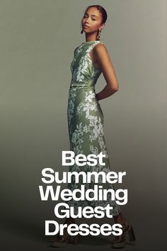 a woman in a green dress with the words best summer wedding guest dresses on it