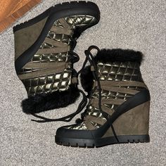 This Is A Pair Of New Jessica Simpson Wedge Booties. Size 8.5. Olive Greenish , Metallic Color , With Quilted Texture , Fur Around Top Of Boots. Not Inside. True 8.5 With A 4 Inch Wedge. Never Worn, No Box Synthetic Wedge Heel Boots For Winter, Winter Synthetic Wedge Heel Boots, Synthetic Winter Wedge Heel Boots, Gold Wedge Sneakers With Round Toe, Jessica Simpson Shoes, Metallic Colors, Jessica Simpson, A 4, Bootie Boots