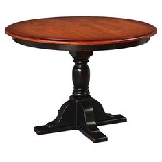 a wooden table with black legs and a round top on an isolated white background,