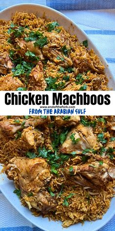 chicken machoos from the arabian vujf on a plate with blue and white table cloth