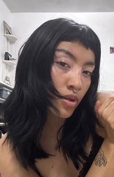 Edgy Long Haircut For Thick Hair, Curtain Micro Bangs, French Micro Bangs, Rocker Gf Hair, Black Hair With Micro Bangs, Long Shag With Micro Bangs, Baby Bangs Black Woman