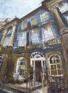 a painting of a building with many windows and balconies on the side of it