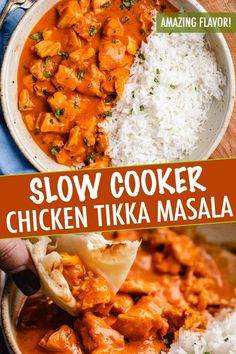 slow cooker chicken tikka masala with rice in a bowl