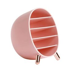 a pink round shelf with four shelves on the bottom and two metal legs, against a white background