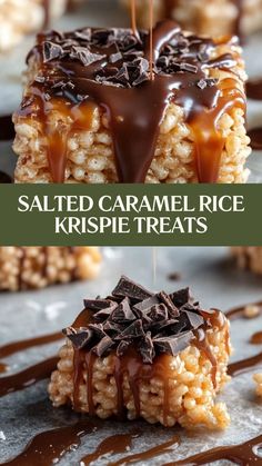 salted caramel rice krispie treats with chocolate drizzled on top