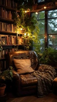 a living room filled with lots of books and plants next to a window covered in lights