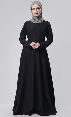 Basic Front Box Pleat Abaya With Pockets - EastEssence.com Solid Color Long Sleeve Abaya For Work, Solid Color Maxi Length Abaya For Work, Long Sleeve Abaya For Work, Solid Long Sleeve Abaya For Work, Solid Maxi Length Abaya For Work, Modest Long Sleeve Abaya For Work, Modest Fitted Black Abaya, Modest Workwear Abaya In Solid Color, Modest Solid Color Workwear Abaya