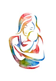 a woman holding her baby in her arms, painted with watercolors on white paper